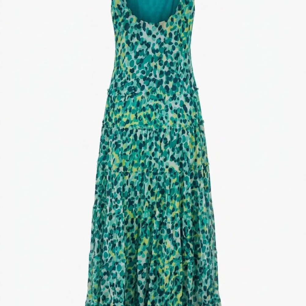 Polyester sleeveless maxi dress, Kasper, animal print in teal and green tones